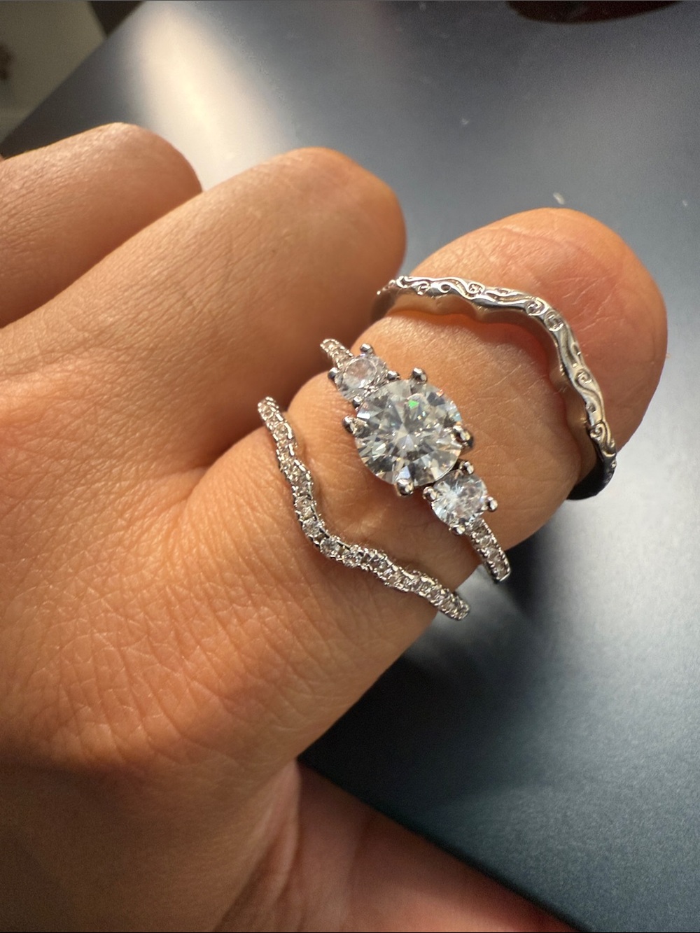Silver Round-Cut Moissanite Bridal Ring Set - Clear Silver size 9